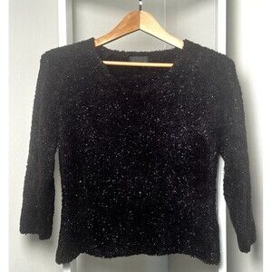 Sigrid Olsen Pullover Sweater Womens M Black Metallic V-Neck Soft 3/4 Sleeve